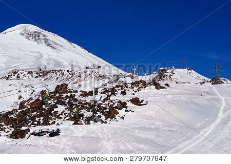 Lifts To The Mountain. Ski Trail For Skiing. Elbrus. Mountain Ranges In The Northern Caucasus In Rus