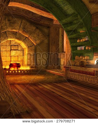 A Fantasy Hovel Interior, A Possible Cottage Like Residence For A Magician, 3d Render