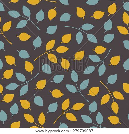 Seamless Autumn Leaves Pattern On Dark Background. Orange And Blue Leaves And Branches.