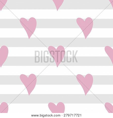 Hand Drawn Cute Pink Hearts On Gray Stripes. Vector Seamless Pattern For Valentine Day Projects: Car