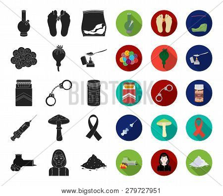 Drug Addiction And Attributes Black, Flat Icons In Set Collection For Design. Addict And Drug Vector