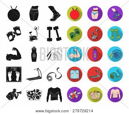 Fitness And Attributes Black, Flat Icons In Set Collection For Design. Fitness Equipment Vector Symb