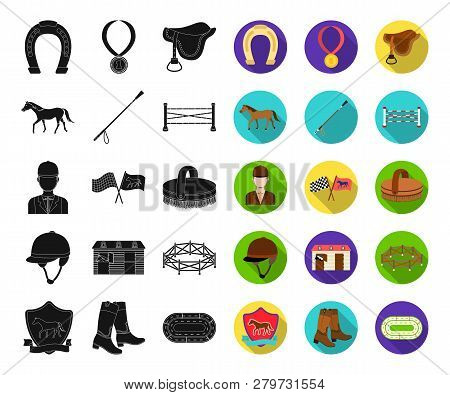 Hippodrome And Horse Black, Flat Icons In Set Collection For Design. Horse Racing And Equipment Vect