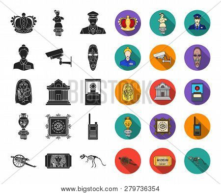 Museum And Gallery Black, Flat Icons In Set Collection For Design. Storage And Exhibition Of Showpie