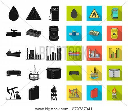 Oil Industry Black, Flat Icons In Set Collection For Design. Equipment And Oil Production Vector Sym