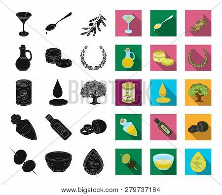 Olive, Food Black, Flat Icons In Set Collection For Design. Olive Oil, Seasoning Vector Symbol Stock