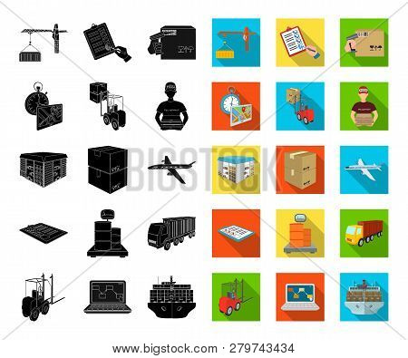 Logistics And Delivery Black, Flat Icons In Set Collection For Design. Transport And Equipment Isome