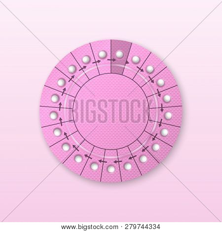 Vector Realistic Pink Packaging Of Birth Control Pills In Blister Closeup Isolated. Contraceptive Pi