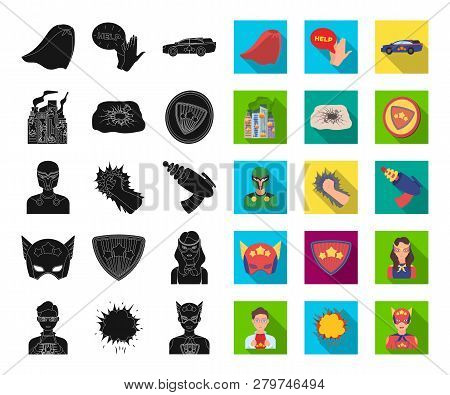 A Fantastic Superhero Black, Flat Icons In Set Collection For Design. Superheros Equipment Vector Sy