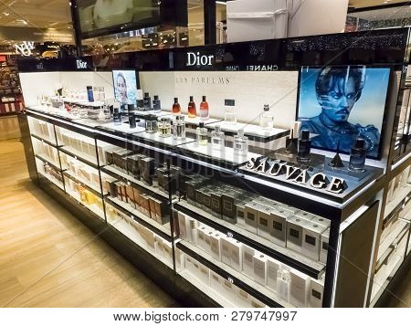 Paris, France - November Circa, 2018. Dior Brand Luxury French Perfume In Duty Free Store Shelf. Cos