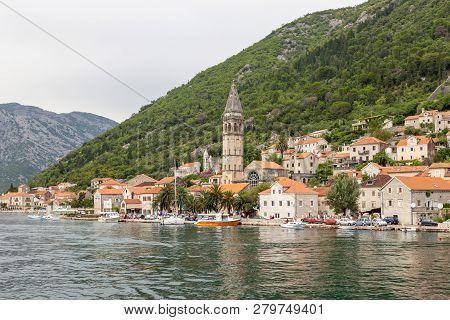 Perast, Montenegro - August 06, 2014: View Of Perast City From Sea Side. Perast Is Town On Coast Of 