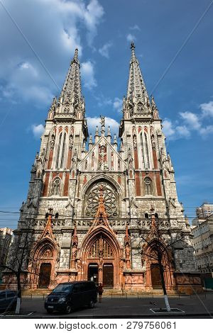 Kiev, Ukraine - September 22, 2018: View On Church Of St. Nicholas In Kiev, Ukraine. Gothic Church W