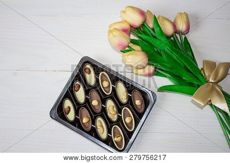 Tulips With Candy. Valentines Day Background For Greeting, Greeting Cards