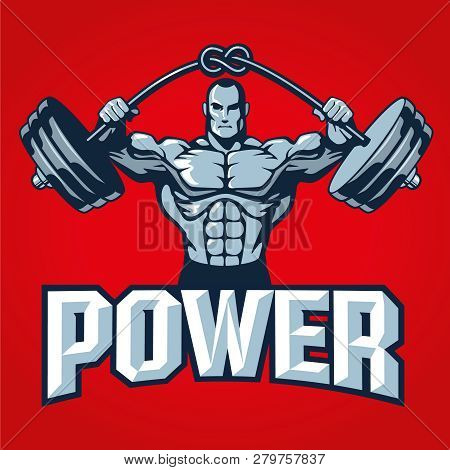 Muscle Bodybuilder Man Lifting Heavy Barbell With Knot, On Red Background. Gym Logo Template Or T Sh