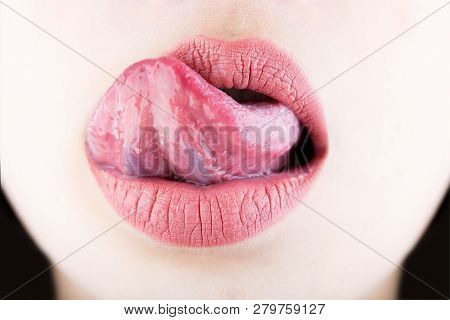 Texture Lip, Macro, Isolated, Fashion. Lips Care And Beauty, Texture. Tongue And Sexy Mouth. Woman L