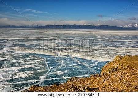 Winter Landscape Of Mongolia. Frozen Lake Khubsugul
