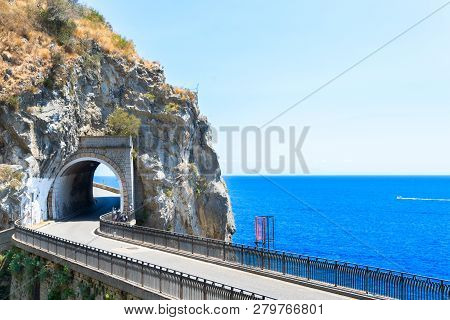 Famous Picturesque Road Viaduct Of Amalfi Summer Coast With Sea Water, Italy
