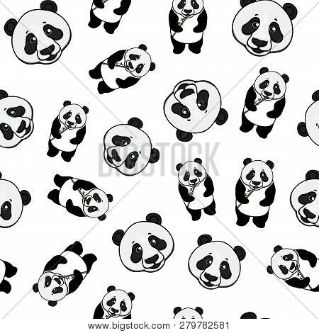 Panda Seamless Pattern. Repiting Texture. Vector Hand Drawn Illustration Isolated On White Backgroun