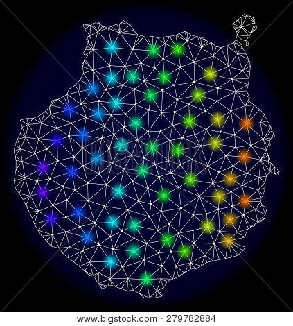 Mesh Vector Map Of Gran Canaria With Glare Effect On A Dark Background. Light Spots Have Bright Spec