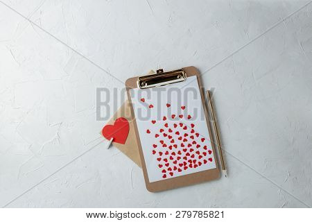 Valentines Day Minimal Concept Mockup, Blogger Workspace - Clipboard With Blank Paper, Red Paper Hea