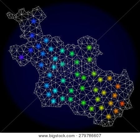 Mesh Vector Map Of Overijssel Province With Glare Effect On A Dark Background. Light Spots Have Brig