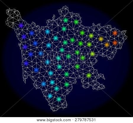 Mesh Vector Map Of Sichuan Province With Glare Effect On A Dark Background. Light Spots Have Bright 