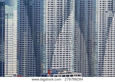 Massive Apartment Buildings - High Density Residential Architecture Of Kachidoki Area In Tokyo.