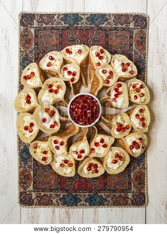 Qatayef Asafiri, Arabian Pancake Stuffed With Sweet Cheese.