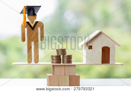 University Education Learning Abroad International Ideas. Student Graduation, Coins And House On Woo