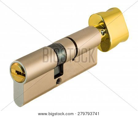 Closeup Door Lock Cylinder With Keyhole And Golden Thumb Knob In Opened Position Isolated Cutout On 