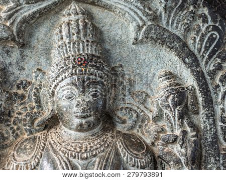Belur, Karnataka, India - November 2, 2013: Chennakeshava Temple Building. Closeup Of Whitened Black