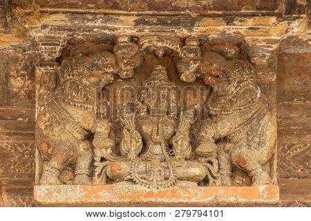 Belur, Karnataka, India - November 2, 2013: Chennakeshava Temple Building. Brown Stone Statue Of Dev