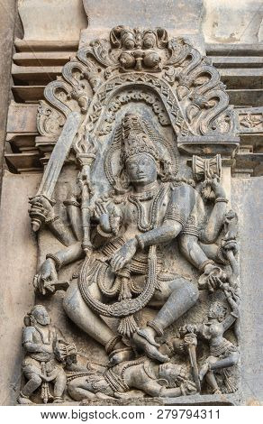 Belur, Karnataka, India - November 2, 2013: Chennakeshava Temple Building. Stone Statue Of Gajasuras