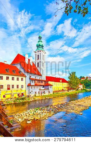 St. Jost Church and Vltava river in Cesky Krumlov, Czech Republic