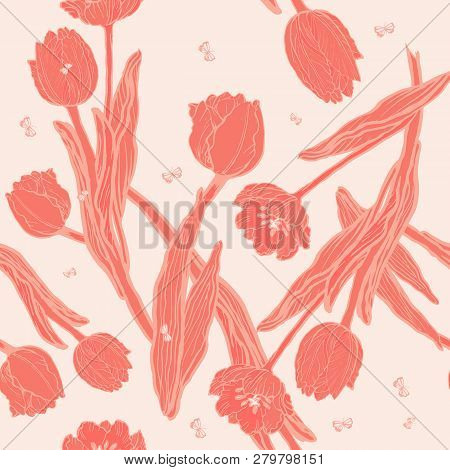Peach Coral Tulips With Coral Butterflies Seamless Pattern