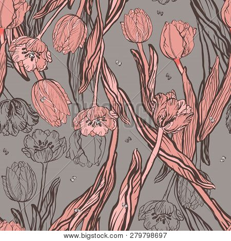 Lovely Coral Tulips With Butterflies Seamless Pattern
