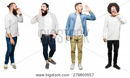 Collage of group of young men over white isolated background shouting and screaming loud to side with hand on mouth. Communication concept.