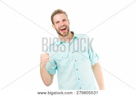 Guy Happy Find Solution. Achieve Success. Man With Beard Happy About Solution. Celebrate Good Result