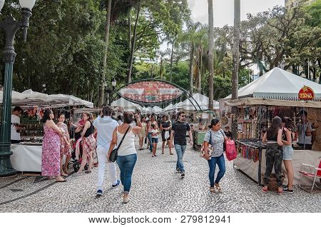 Curitiba - Pr, Brazil - December 15, 2018: Shops Selling Food And Crafts At Open Air Fair At Feira D