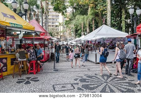 Curitiba - Pr, Brazil - December 15, 2018: Shops Selling Food And Crafts At Open Air Fair At Feira D
