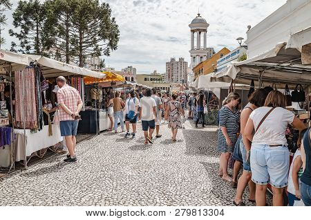 Curitiba - Pr, Brazil - December 16, 2018: People At The Sundays Fair Called Feira Do Largo Da Ordem