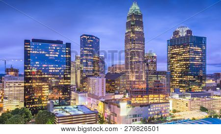 Charlotte, North Carolina, USA uptown skyline at twilight. 