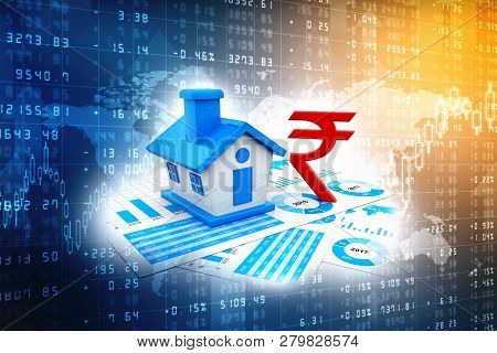 3d Rendering Real Estate Industry, House On Indian Rupee. House With Rupee Symbol. Real Estate Conce