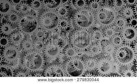 Abstract Background Consisting Of White Gears On Dark. 3d Illustration. Infustrial Design Background