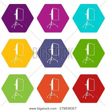 Studio Light Bulb In Softbox Icons 9 Set Coloful Isolated On White For Web