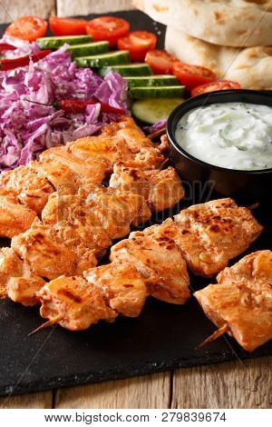 Delicious Arabian Taouk Chicken Skewers With Fresh Vegetables, Yogurt Sauce And Pita Close-up. Verti