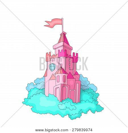 Cartoon Medieval Fun Pink Castle With Flag And Cian Grass. Magic Cartoon Castle For Princess From Fa