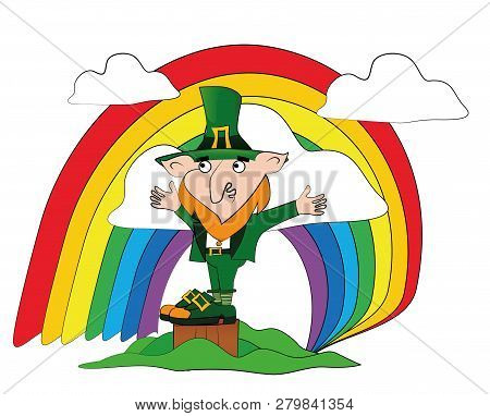 Leprechaun On Stump Near The Rainbow And Clouds. Happy St. Patricks Day Celebration.