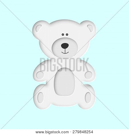 Cute North Arctic Polar White Baby Bear Toy In Paper Cut Craft Style Sitting On White Blue Snow Back