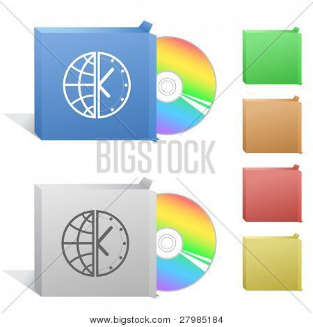 Globe et horloge. Boîte de disques compacts.